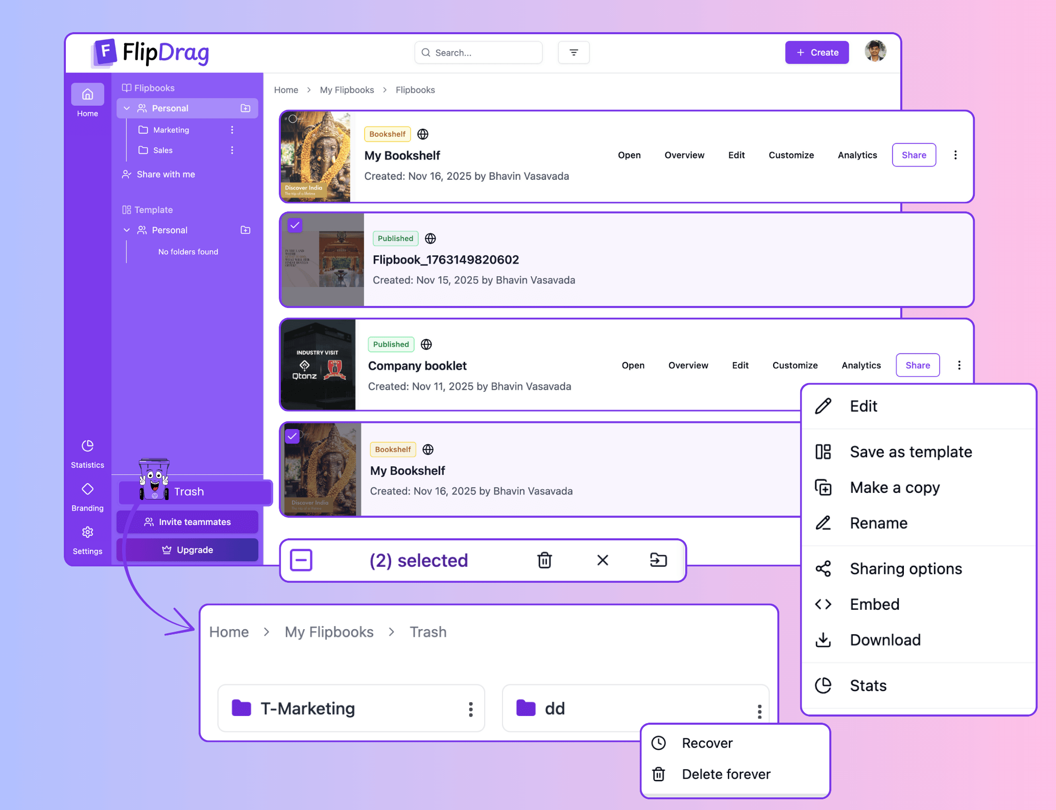 Flipbook Dashboard feature in FlipDrag